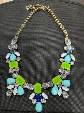 Gold-Tone Statement Necklace with Lime Green & Turquoise Accents